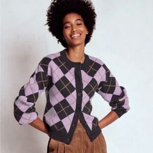 Boden Abi Jacquard Cardigan-Lilac, Charcoal Melange Argyle